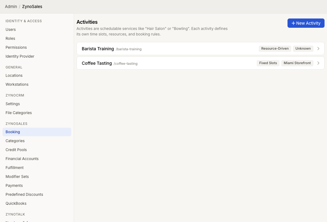 Booking Activities admin page showing configured booking activities