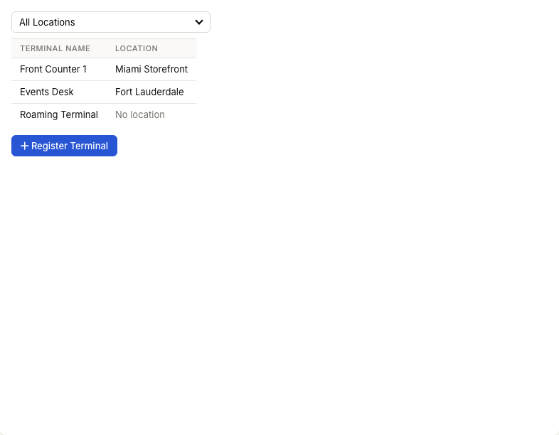 Admin Card Terminals screen showing a location filter, terminal names, assigned locations, and Register Terminal button