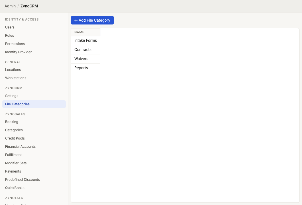 Admin File Categories screen showing Add File Category and configured file category rows