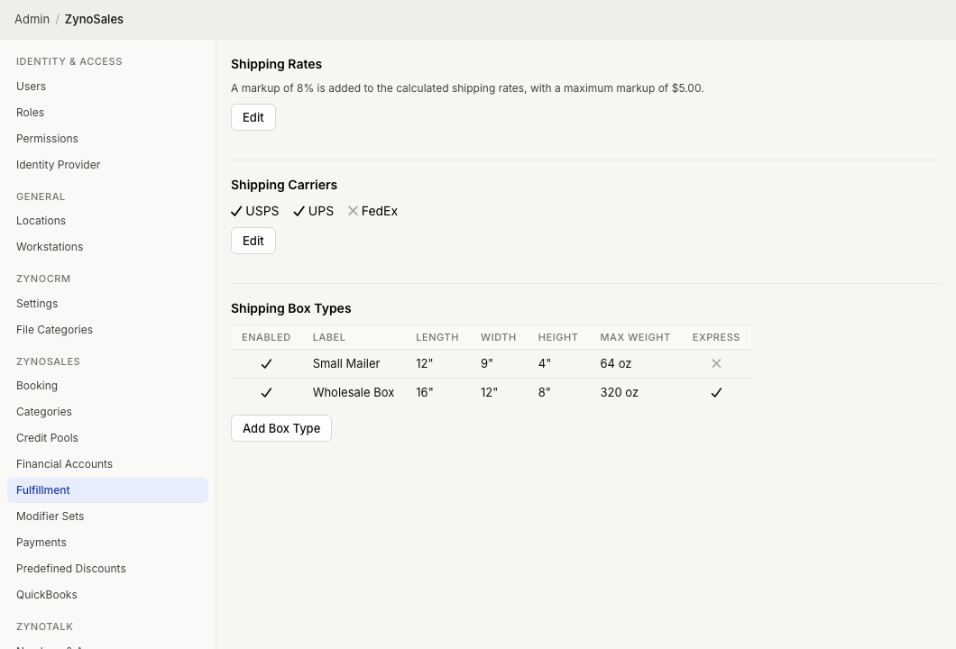 Fulfillment admin page showing shipping rate, carrier, and box type settings