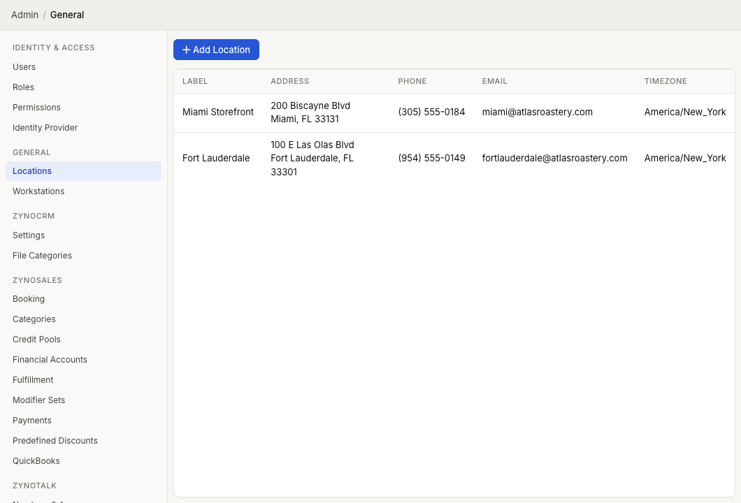 Admin Locations screen showing location label, address, phone, email, and timezone columns
