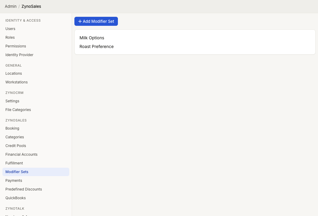 Modifier Sets admin page showing shared product modifier sets