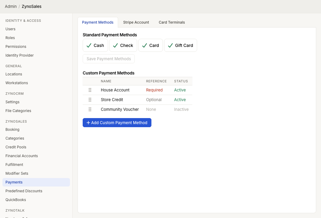 Admin Payment Methods screen showing standard payment method toggles and custom payment method rows