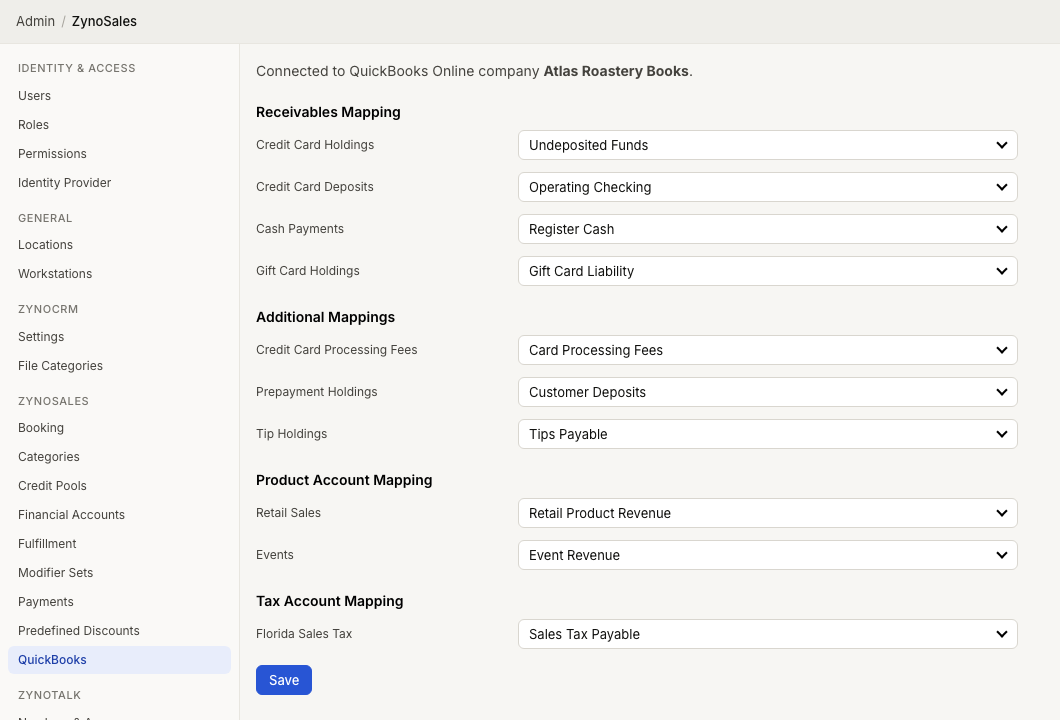 QuickBooks admin page showing connected company status and mapped receivable, fee, product, and tax accounts