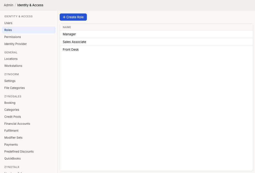 Admin Roles screen showing Create Role and a table of role names