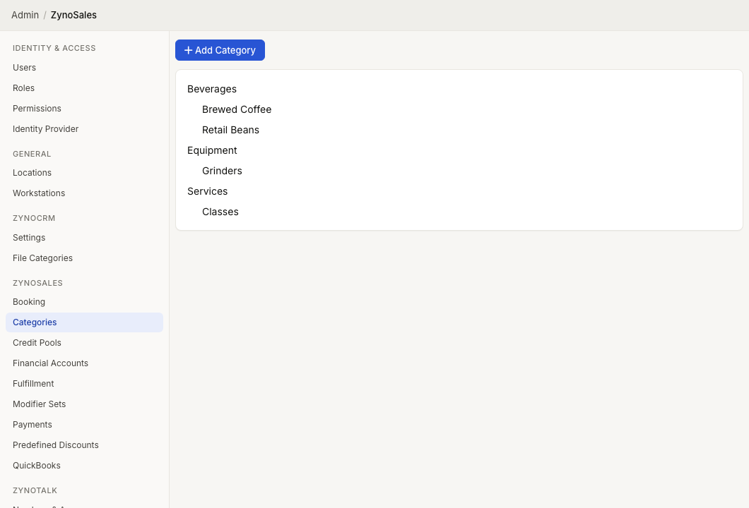 Admin ZynoSales Categories screen showing Add Category and an indented category hierarchy