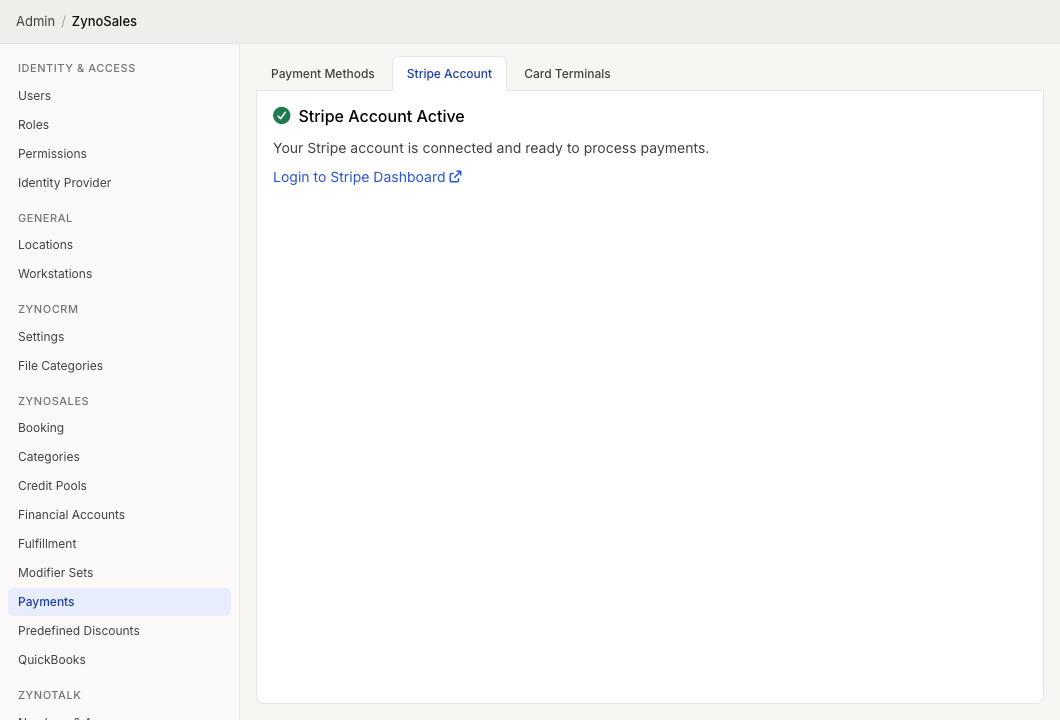 Stripe Account admin page showing an active connected Stripe account