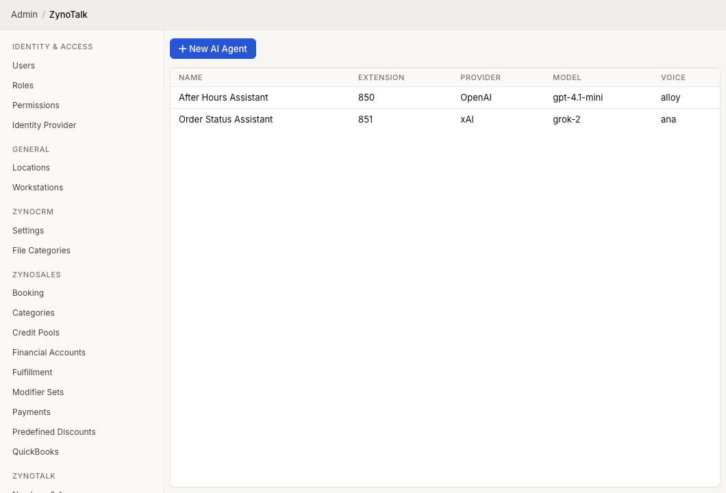 ZynoTalk AI Agents admin page showing configured agent extension, provider, model, and voice
