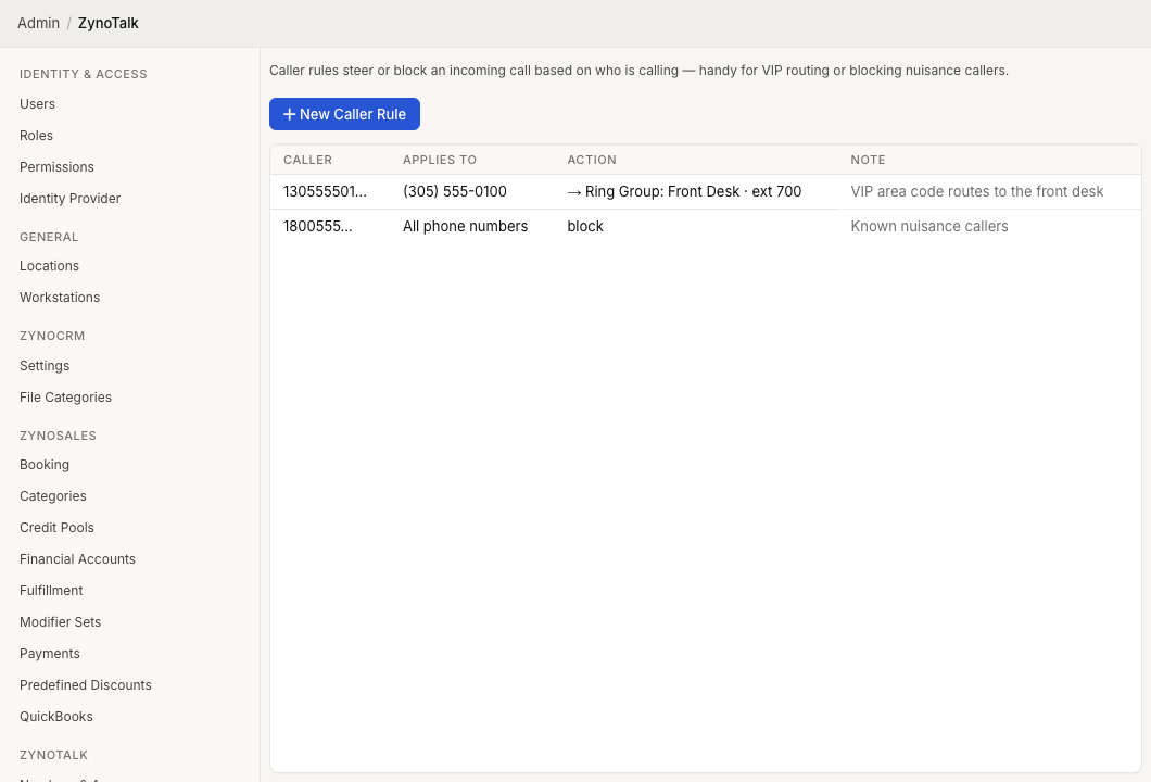 ZynoTalk Caller Rules admin page showing caller matching rules, scope, action, and notes