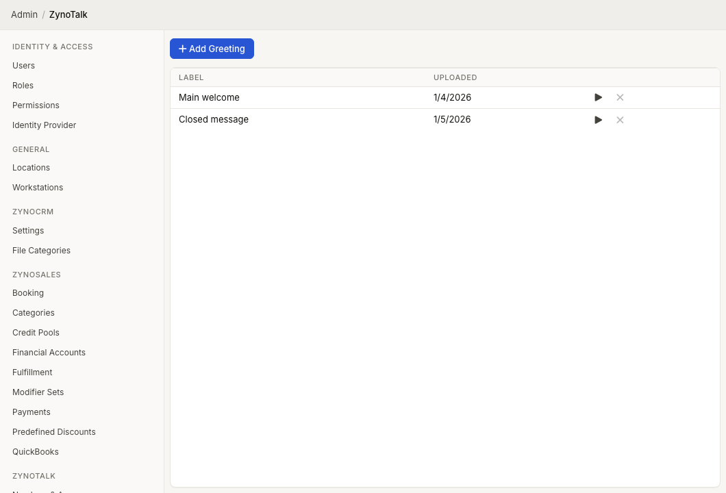 ZynoTalk Greetings admin page showing reusable greeting audio files