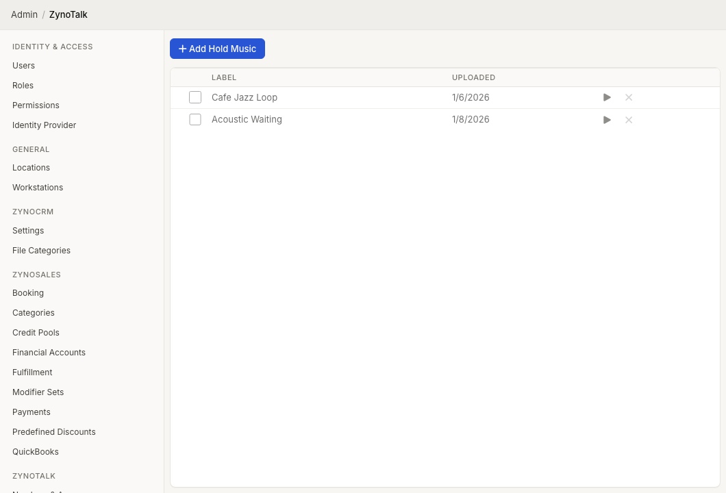 ZynoTalk Hold Music admin page showing active tracks, labels, upload times, and playback controls