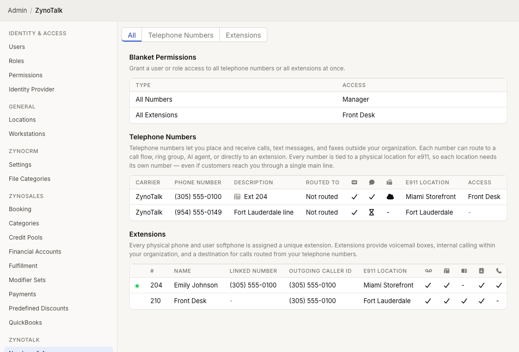 Admin ZynoTalk Numbers and Access screen showing blanket permissions, telephone numbers, extensions, routing, e911 location, and access columns
