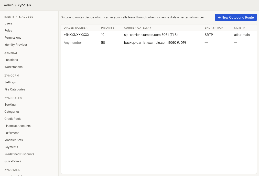 ZynoTalk Outbound Routes admin page showing carrier gateway routing patterns and priorities