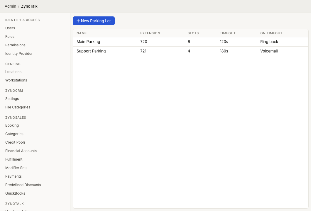 ZynoTalk Parking Lots admin page showing parking lot extensions, slots, timeout, and timeout destinations