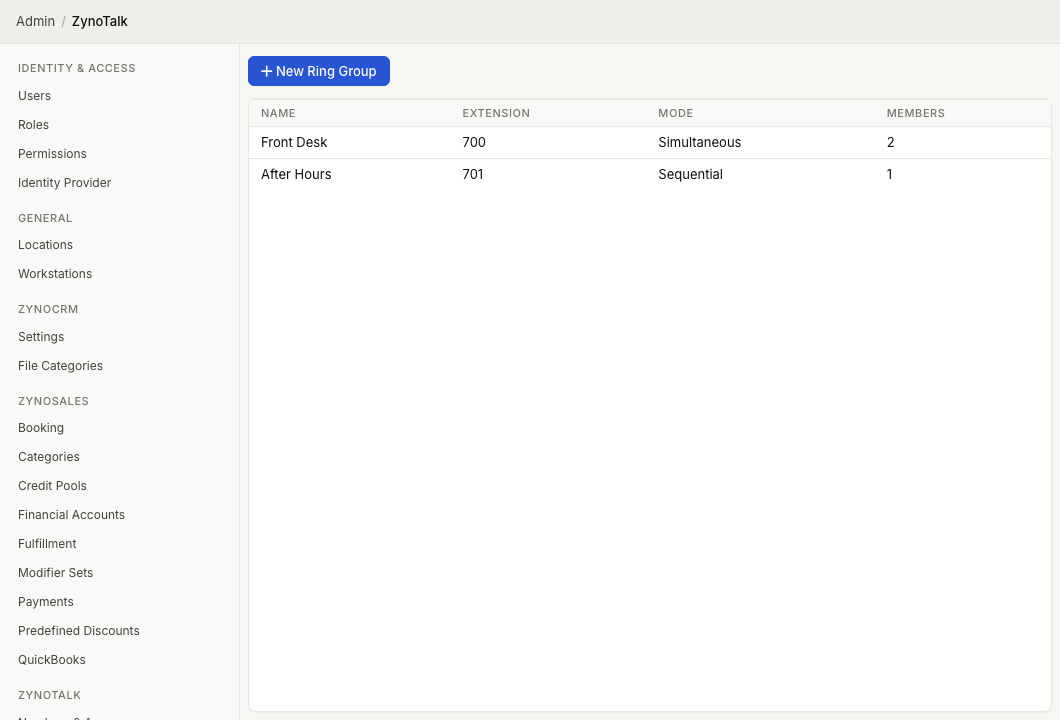 ZynoTalk Ring Groups admin page showing group names, extensions, ring mode, and members