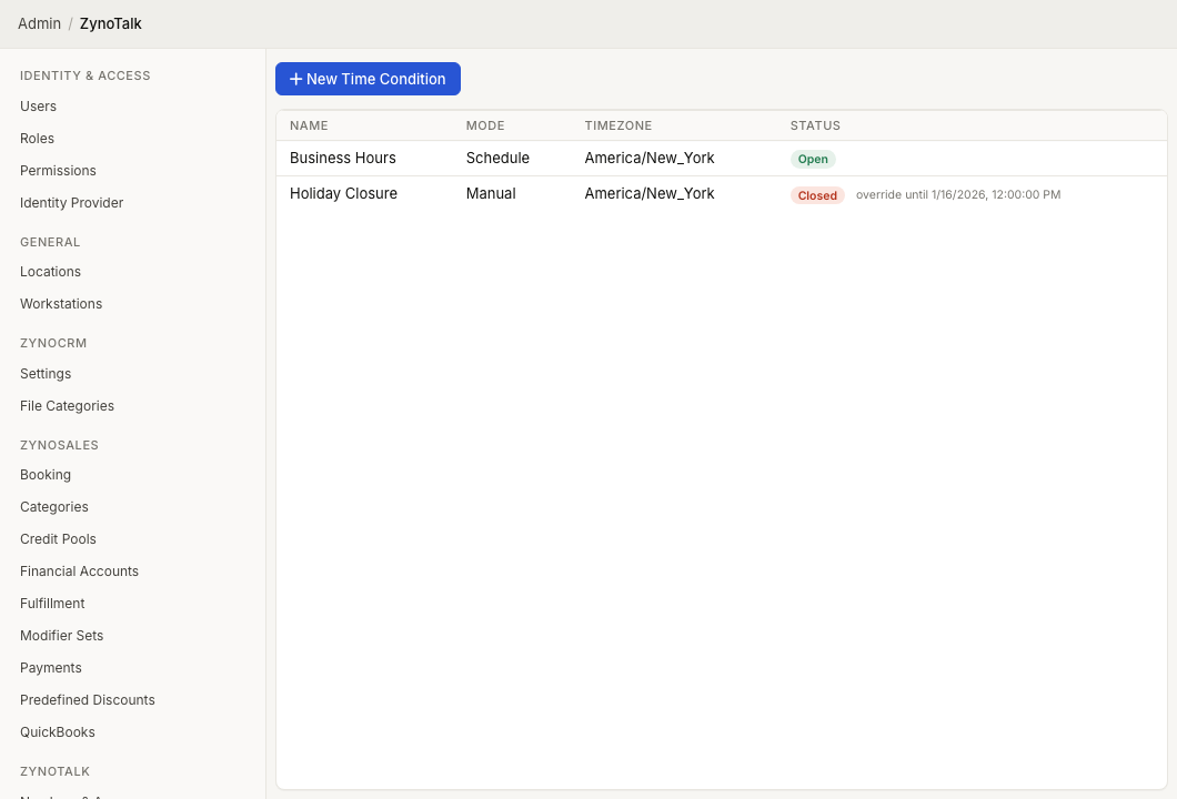 ZynoTalk Time Conditions admin page showing schedule mode, timezone, and status