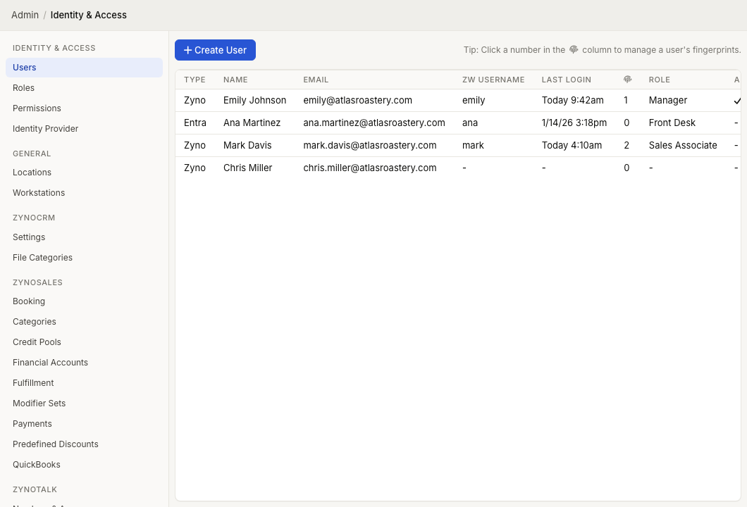Admin Users screen showing Create User, user account rows, identity type, email, Workstation username, last login, fingerprints, role, and admin status