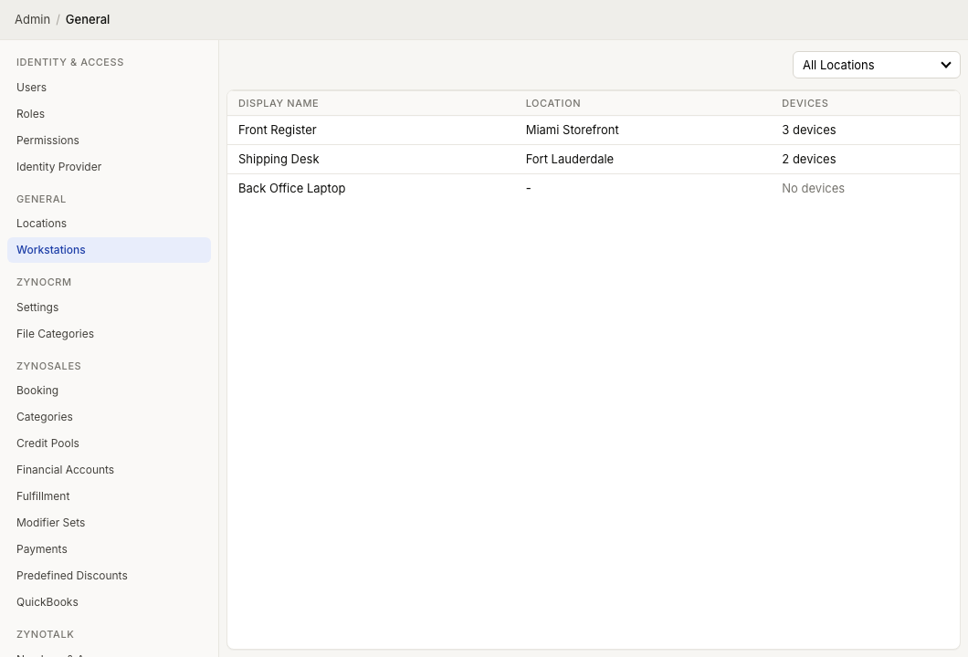Admin Workstations screen showing display name, assigned location, and connected device count