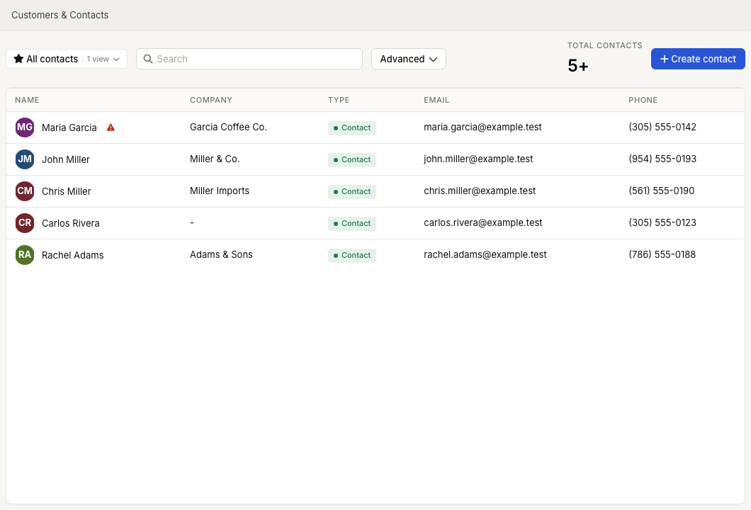 Customers and contacts list showing saved views, search, advanced filters, total contacts, create contact action, and contact table columns