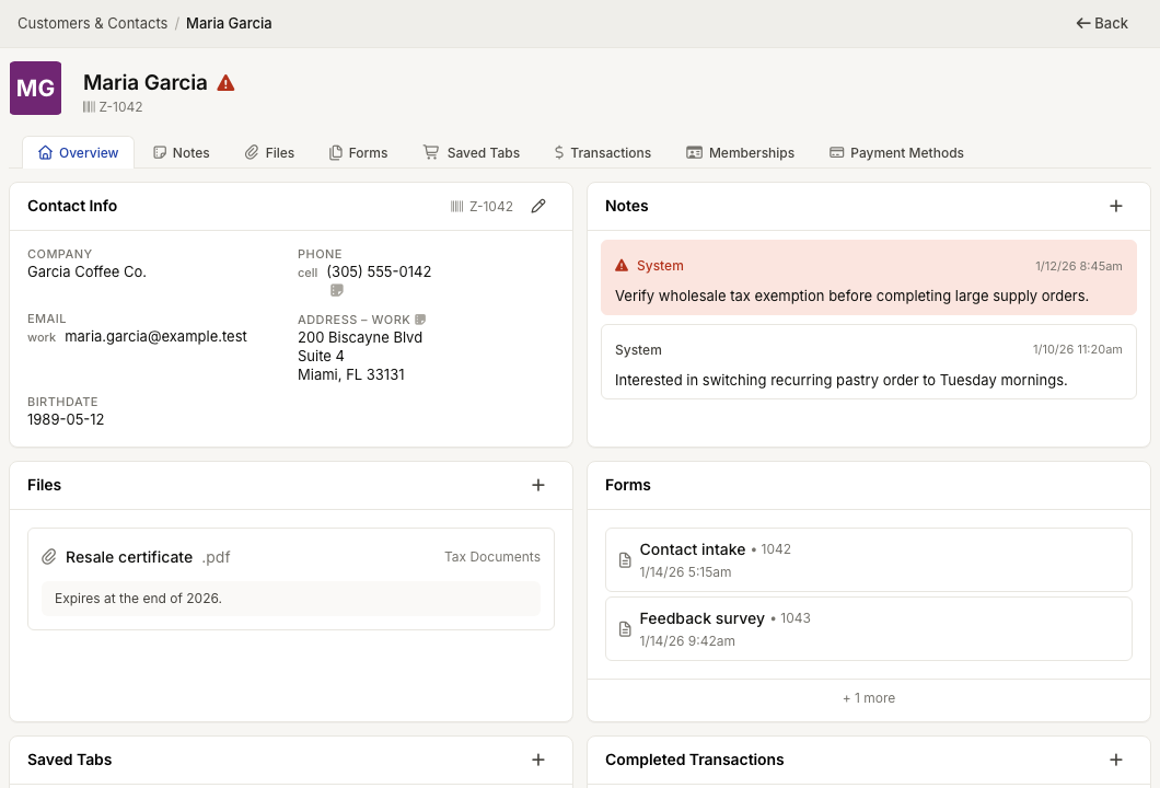 ZynoCRM contact profile showing contact info, notes, files, forms, transactions, memberships, and payment methods tabs