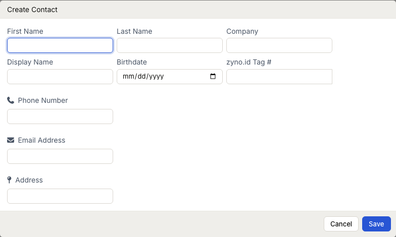 ZynoCRM Create Contact modal with contact information fields