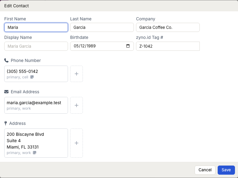 ZynoCRM Edit Contact modal with existing contact details