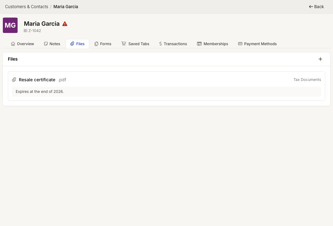 ZynoCRM contact Files tab with uploaded documents
