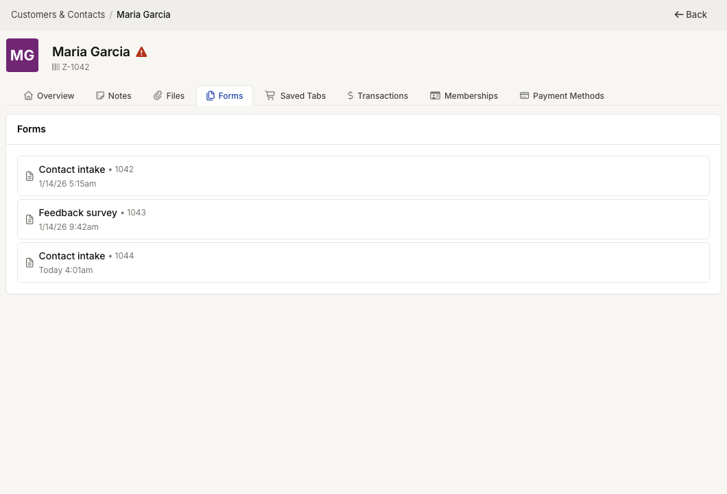 ZynoCRM contact ZynoForms tab with linked form submissions