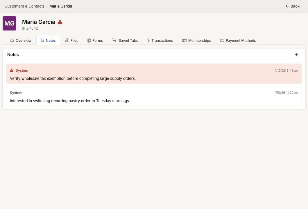 ZynoCRM contact Notes tab with regular and alert notes
