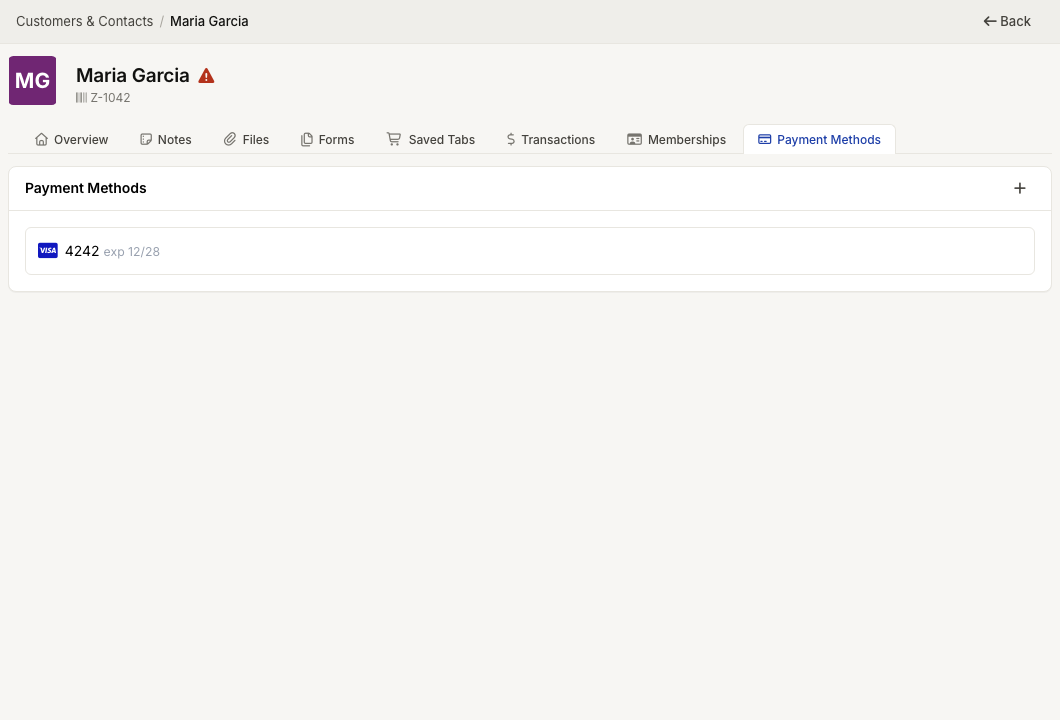 ZynoCRM customer Payment Methods tab with saved cards