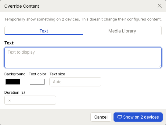 ZynoDisplay Override Content modal with Text and Media Library modes