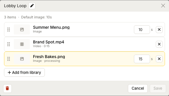 ZynoDisplay playlist builder with three items, per-image durations, and an Add from library button
