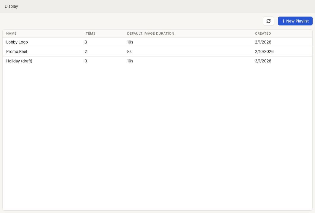 ZynoDisplay playlists list showing name, item count, default image duration, and created date