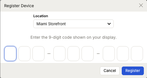 ZynoDisplay Register Device modal with a 9-digit registration code field