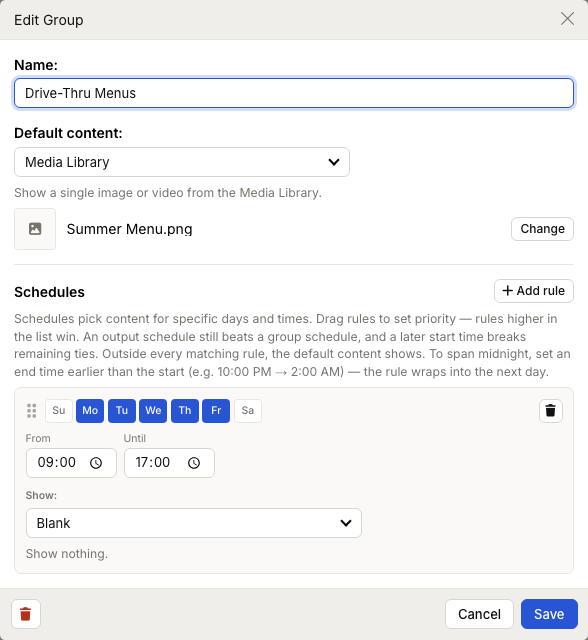 ZynoDisplay group editor showing a schedule rule for Monday to Friday, 9:00 to 17:00