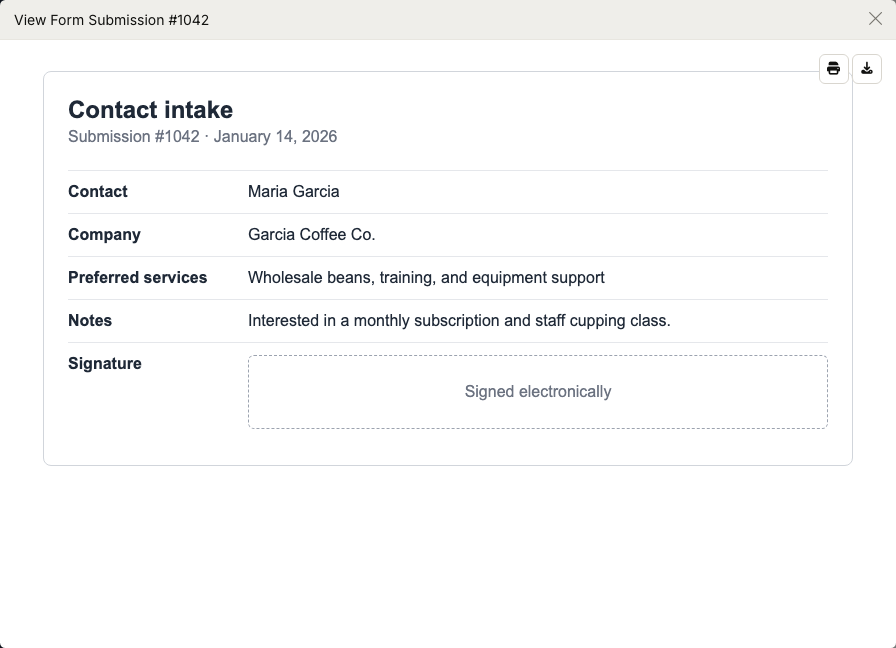 ZynoForms View Form Submission modal with rendered submission preview