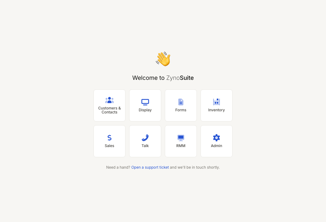 ZynoSuite launcher showing the main app tiles available to a signed-in user