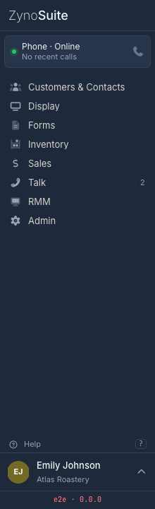 ZynoSuite sidebar showing status dock, app navigation, help, and user controls