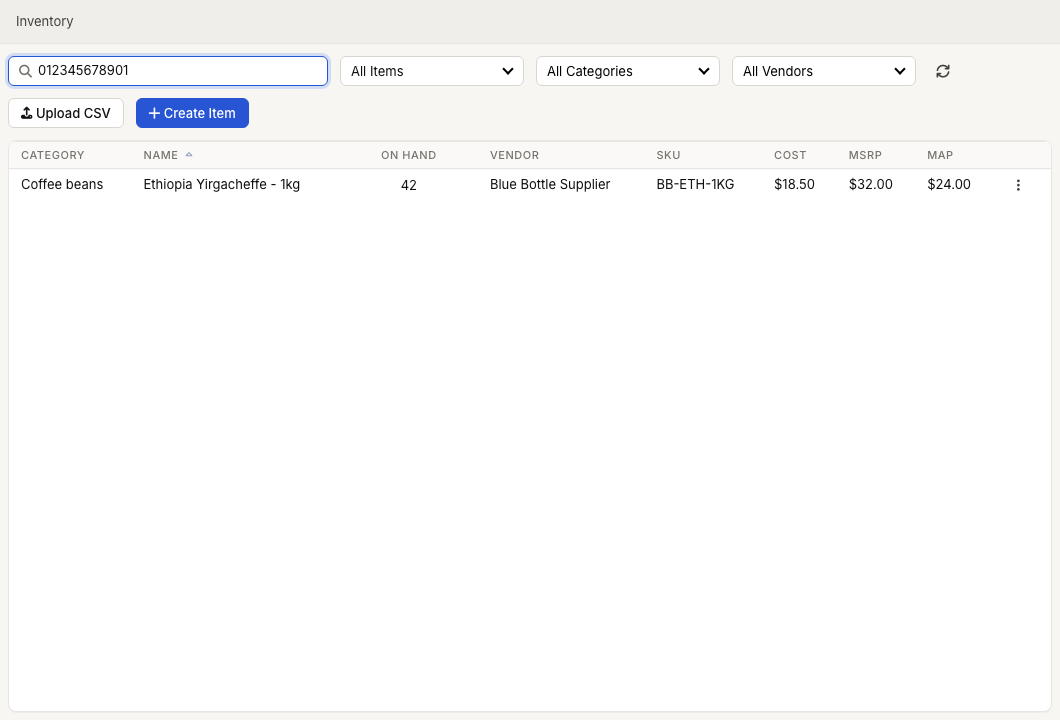 ZynoInventory item list filtered by a scanned UPC