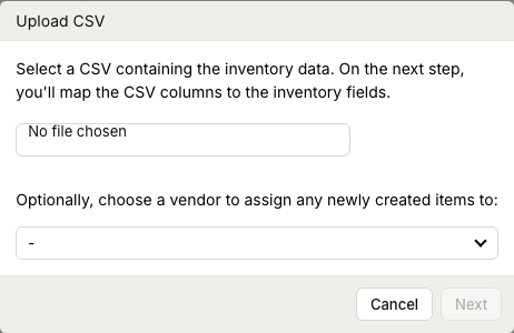 ZynoInventory Upload CSV modal for importing inventory items