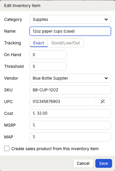 ZynoInventory item editor showing category, name, tracking mode, on-hand quantity, threshold, vendor, SKU, UPC, cost, MSRP, and MAP fields