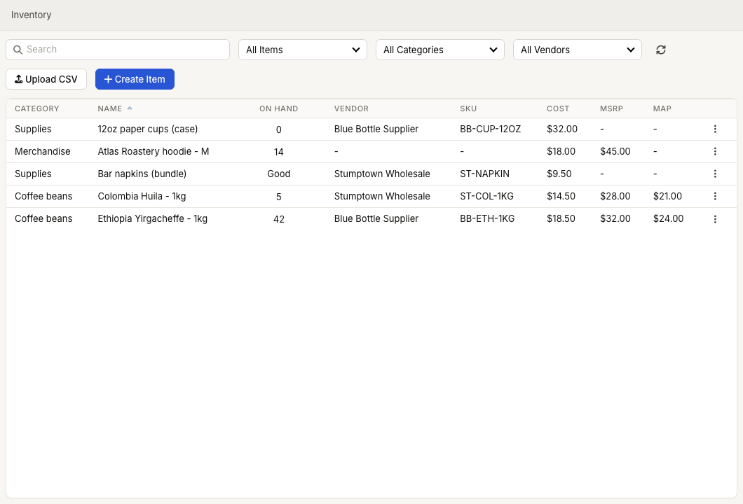 ZynoInventory item list showing search, stock status filter, category filter, vendor filter, and item columns