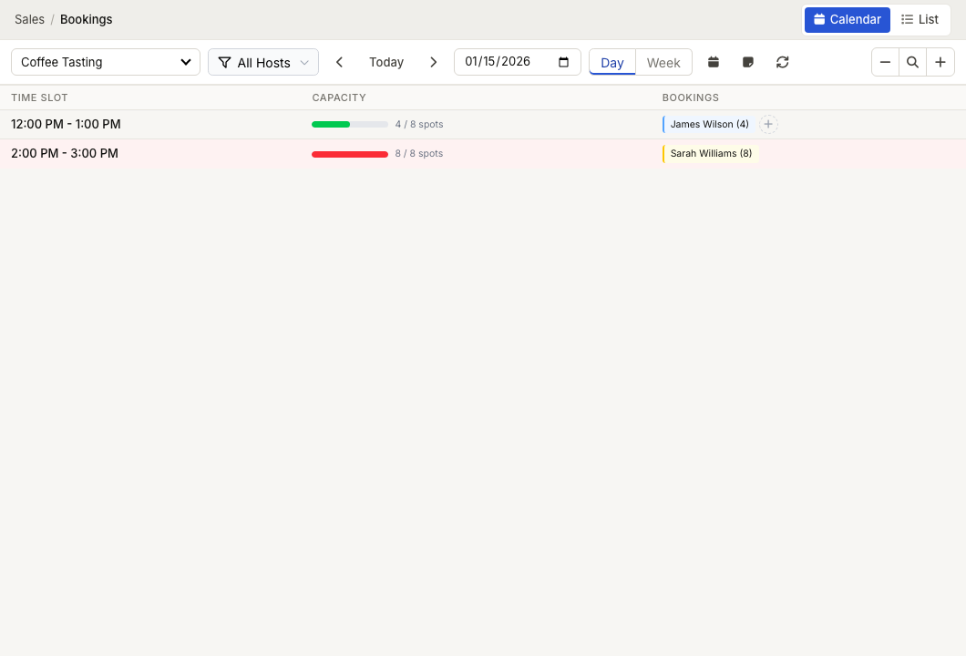 ZynoSales Bookings calendar view showing time slots, capacity, and customer bookings