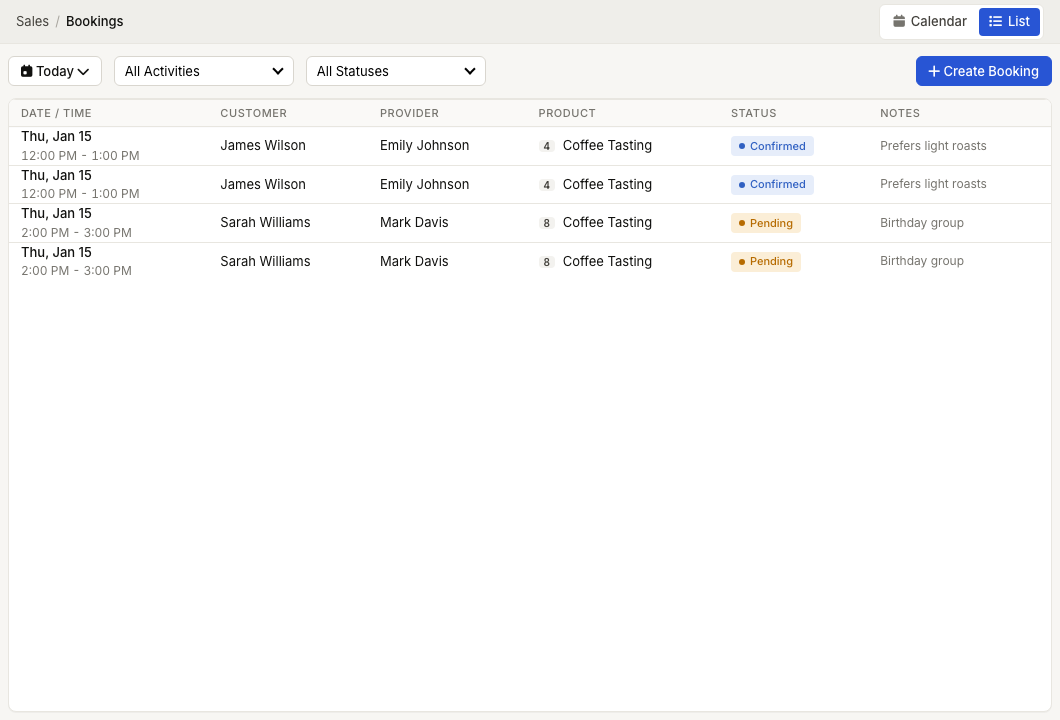 ZynoSales Bookings list showing booking statuses, customers, activity, dates, and totals
