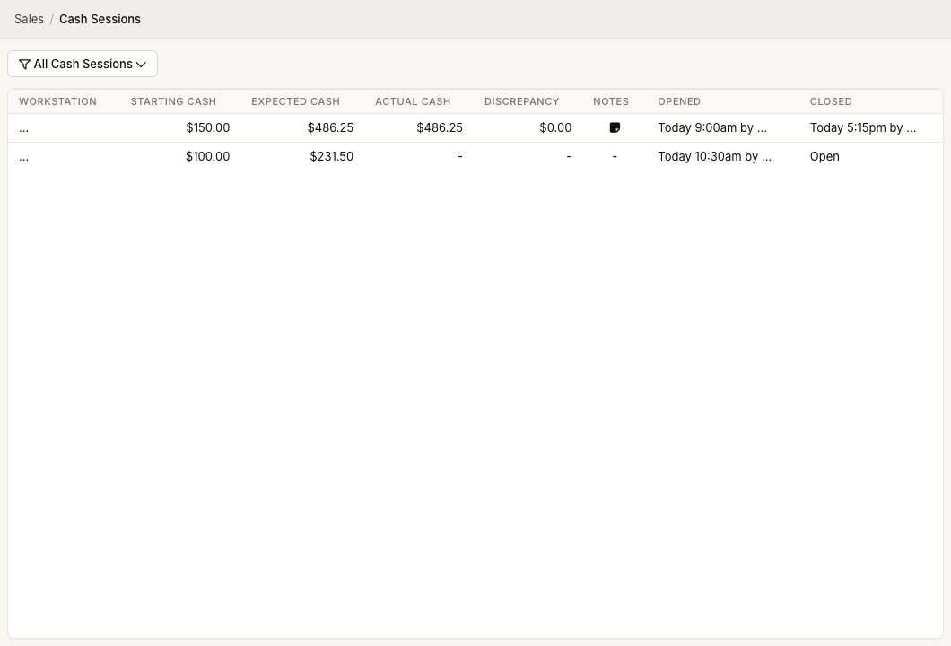 ZynoSales Cash Sessions list showing open and closed workstation drawer sessions