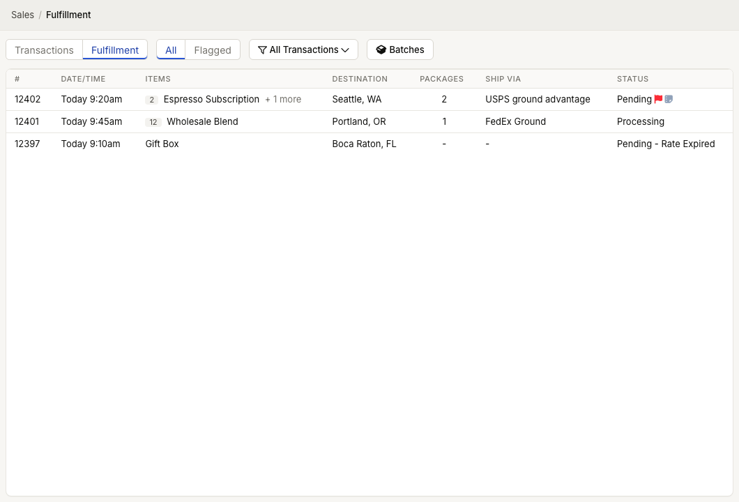 ZynoSales Fulfillment screen showing order number, date and time, items, destination, package count, carrier service, and status