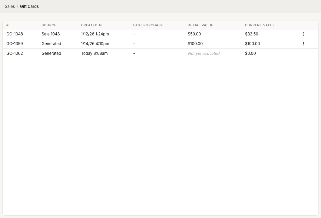 ZynoSales Gift Cards list with activated gift cards available for delivery actions