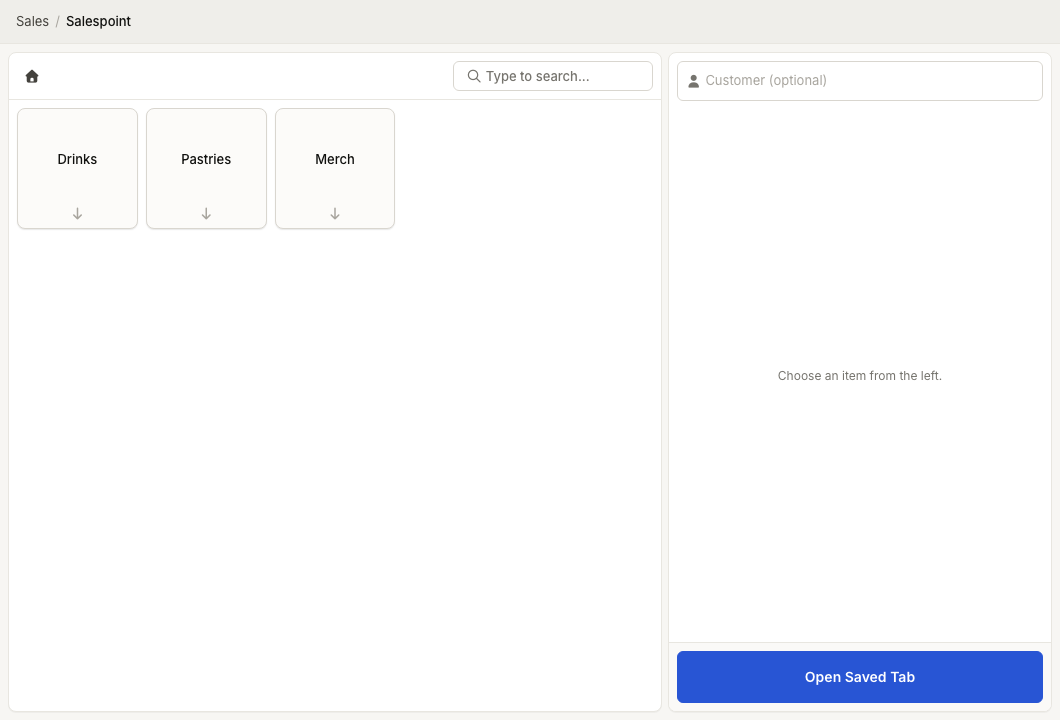 Salespoint register showing the item browser with category tiles and an empty cart ready for a customer and sale items