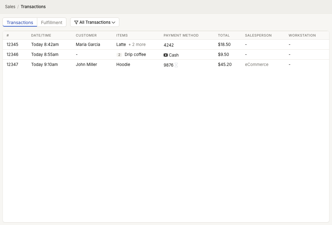 ZynoSales transactions table showing transaction number, date and time, customer, items, payment method, total, salesperson, and workstation