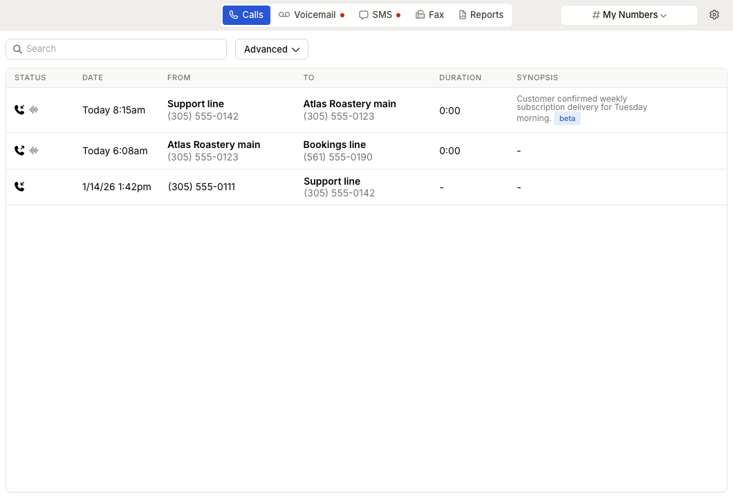 ZynoTalk Calls tab showing number scope, search, advanced filters, and a call history table with status, caller, recipient, duration, and synopsis
